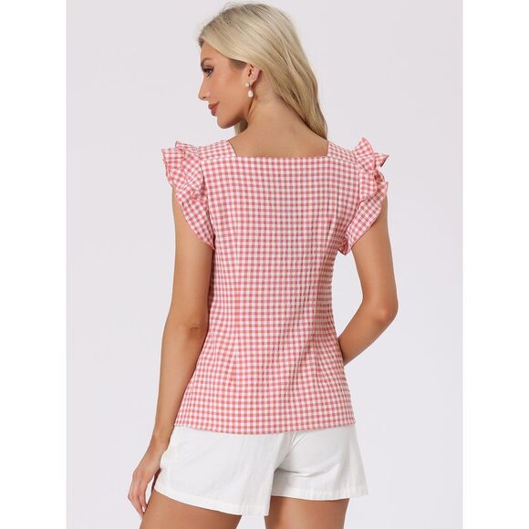 Summer Gingham Tops Square Neck Ruffle Cap Sleeve Blouses Pink - Picture 3 of 6